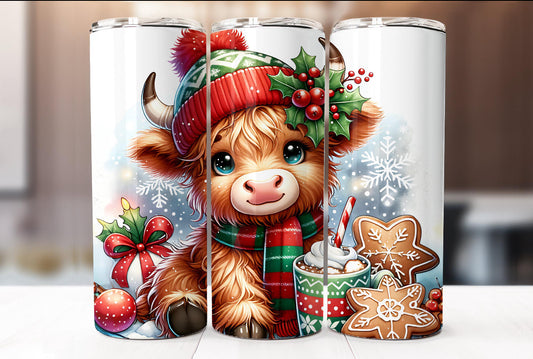 20oz. Tumbler Red/Green Highland Cow Christmas Design