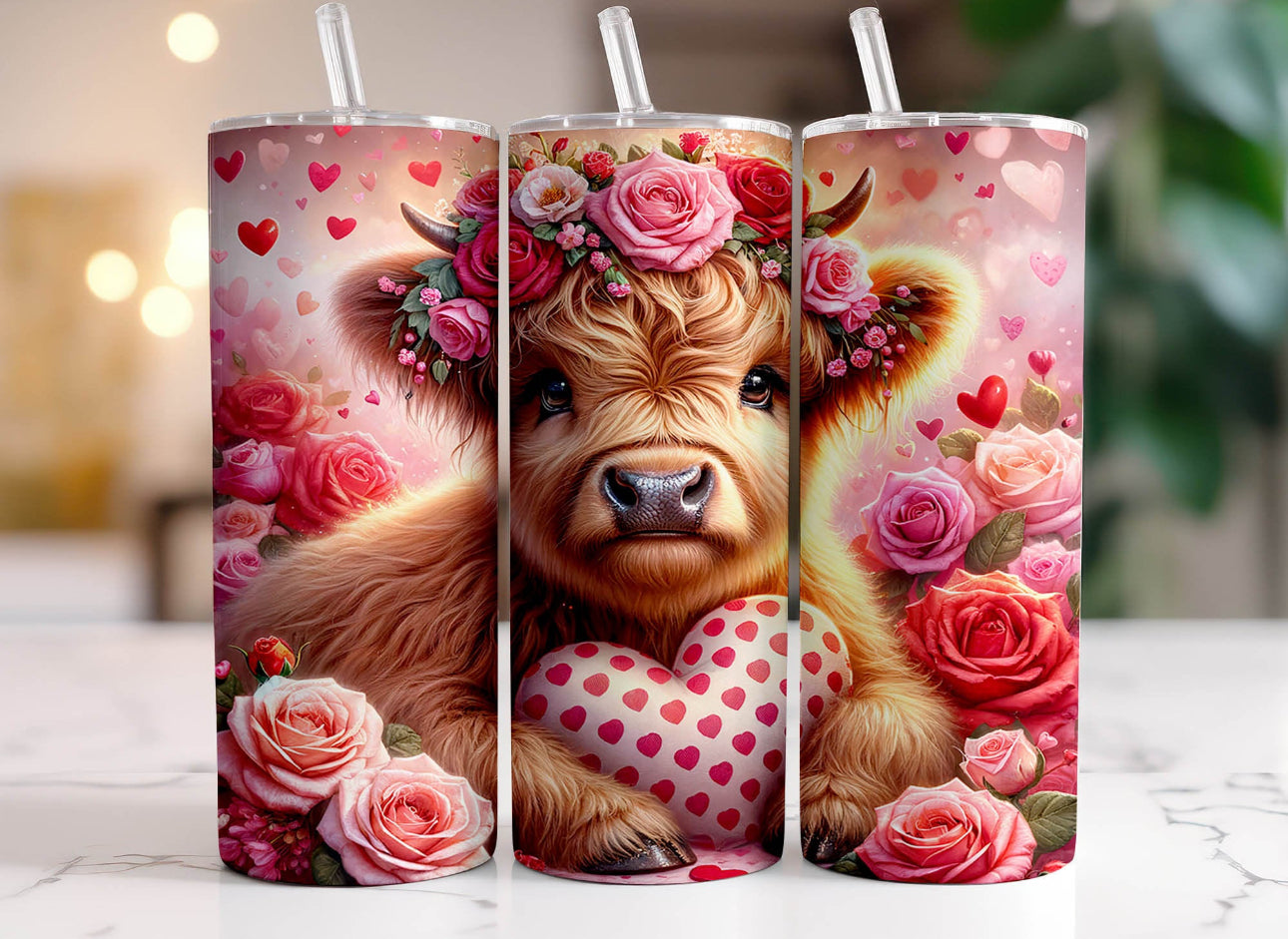 20oz. Tumbler Highland Cow Roses/Hearts