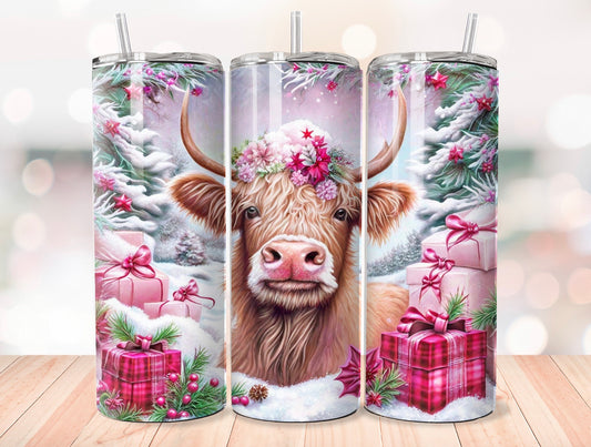 20oz. Tumbler Christmas Cow Pink