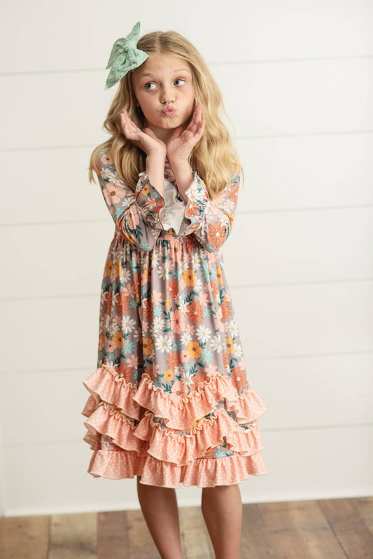 Girls Floral Long Sleeve Ruffle Dress