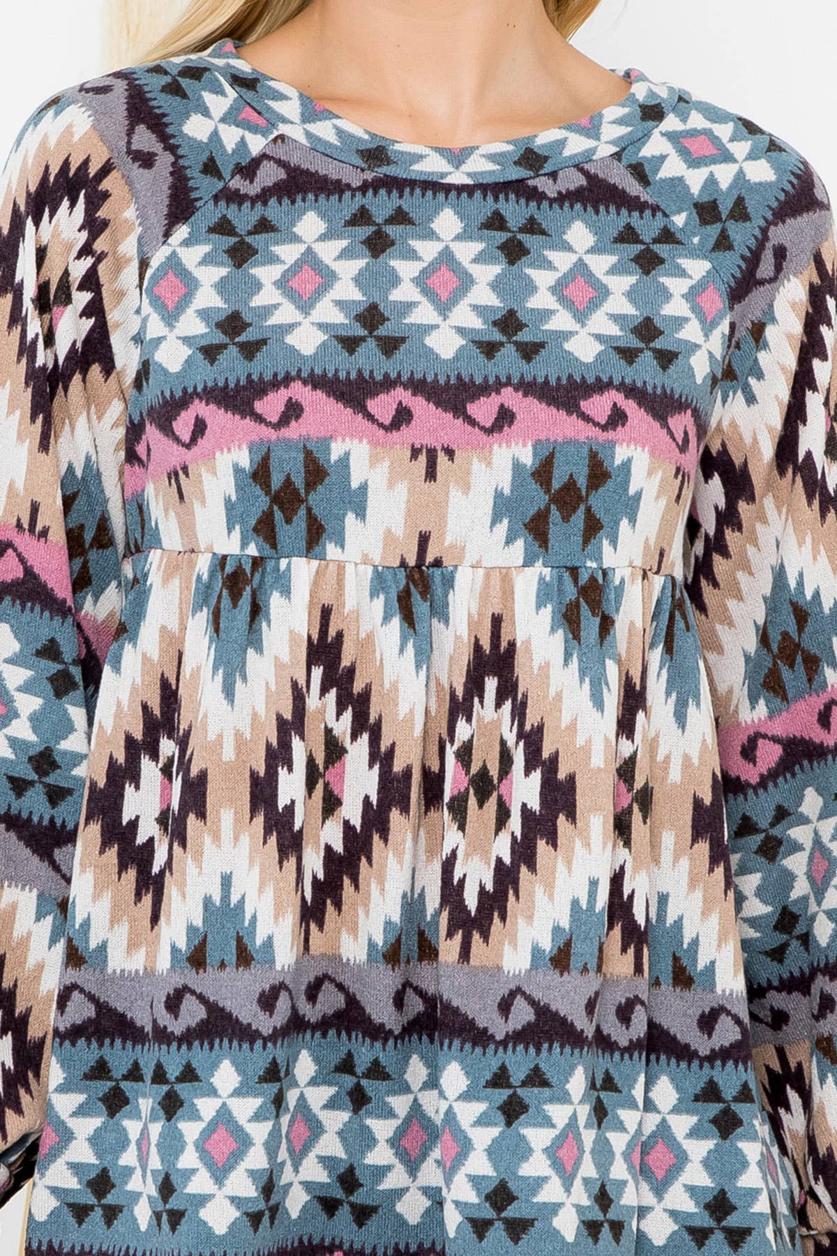 LONG PUFF SLEEVE AZTEC PRINTED TOP