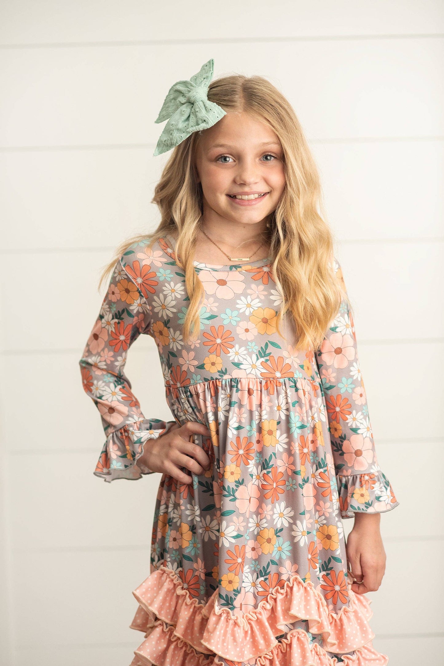 Girls Floral Long Sleeve Ruffle Dress