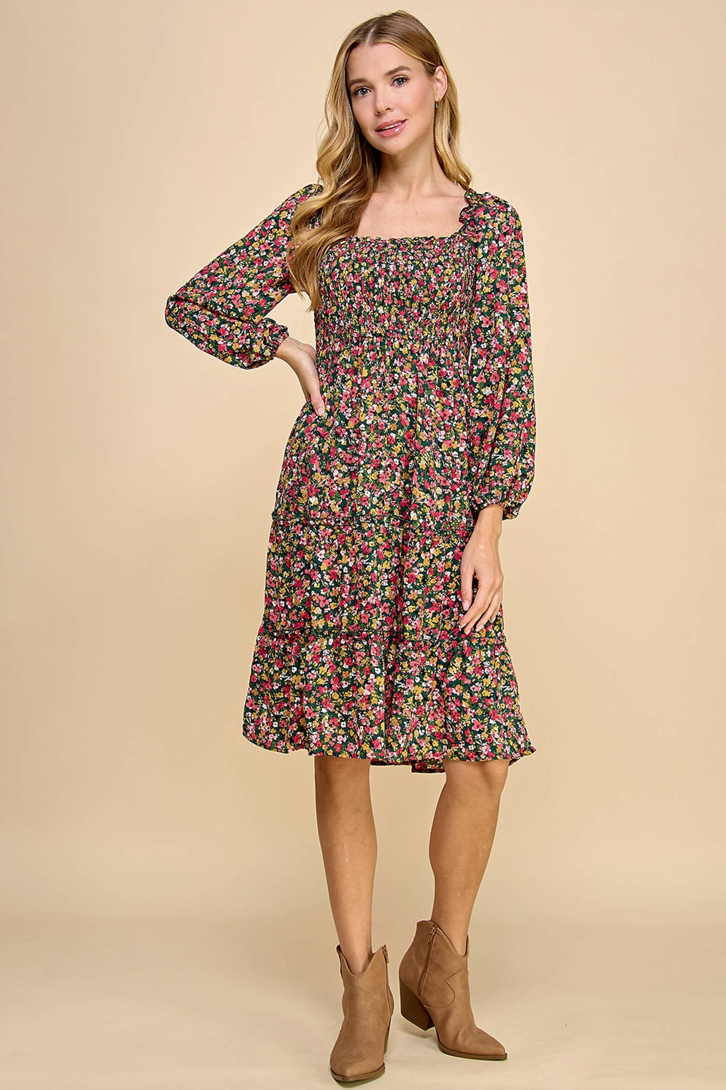 TIERED DRESS W/SMOCKING & LONG SLEEVE A450877M68