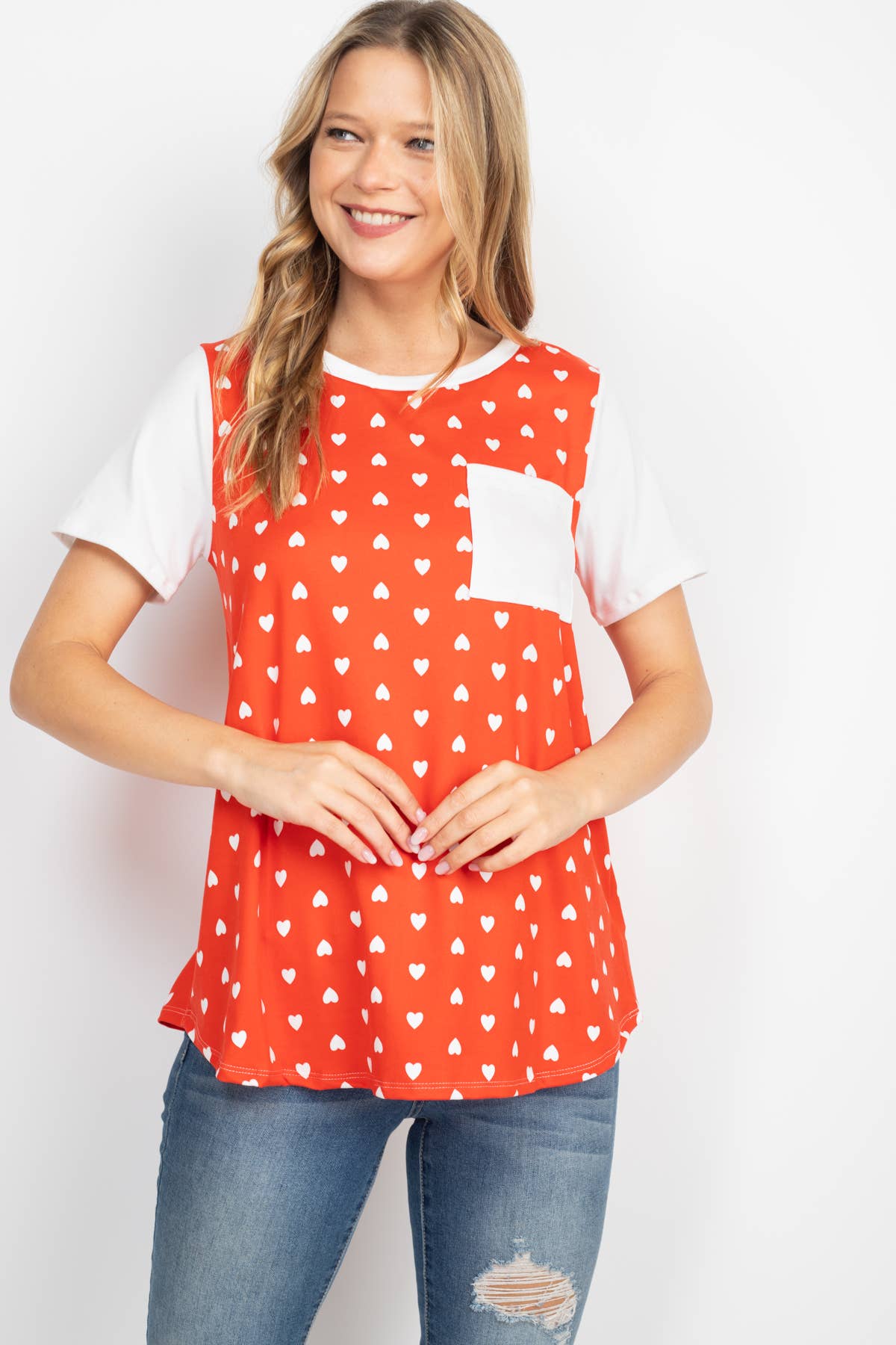 HEART PRINT RAGLAN POCKET TOP