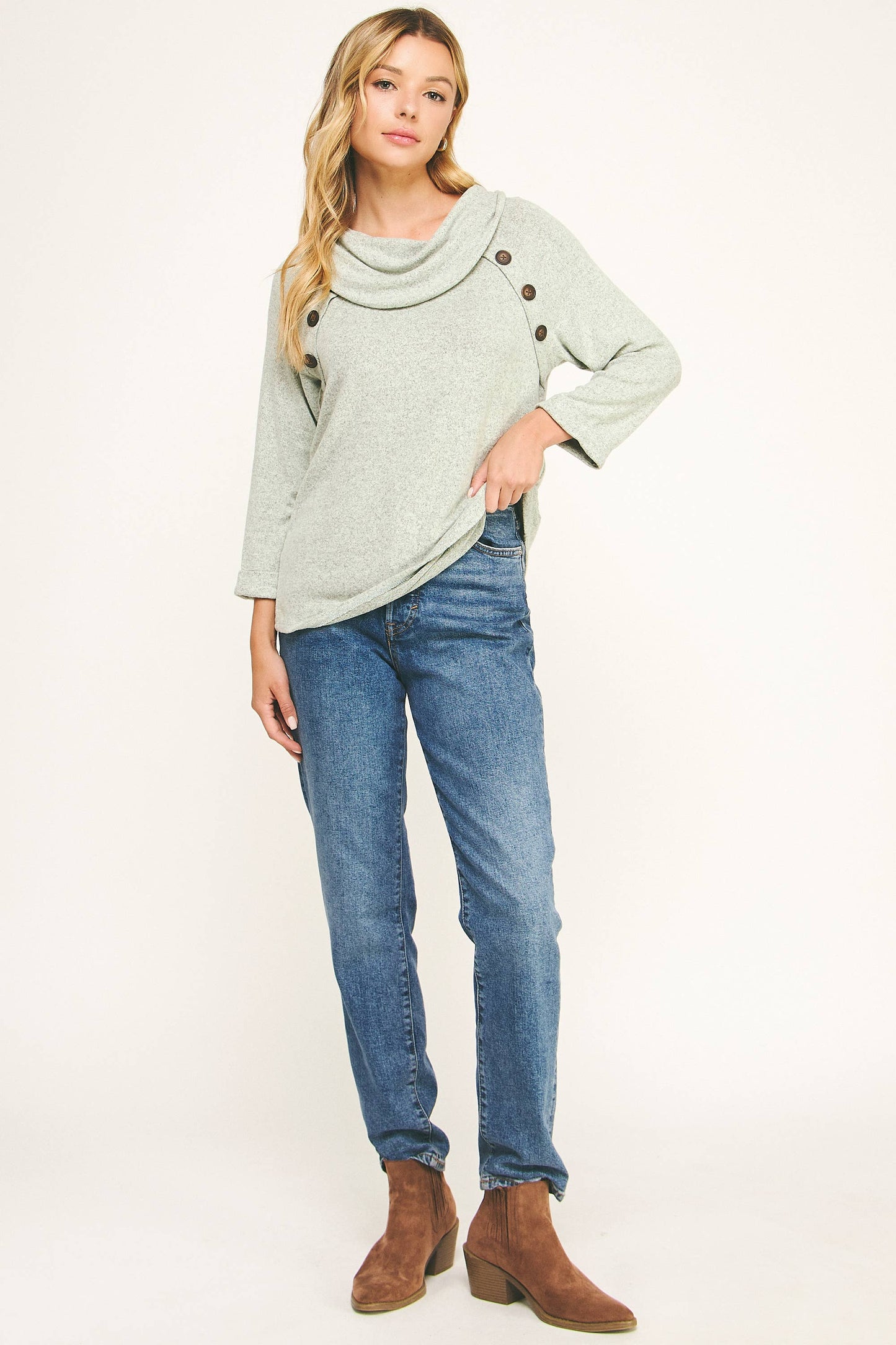 COWL NECK SWEATER WITH BUTTON ACCENTS