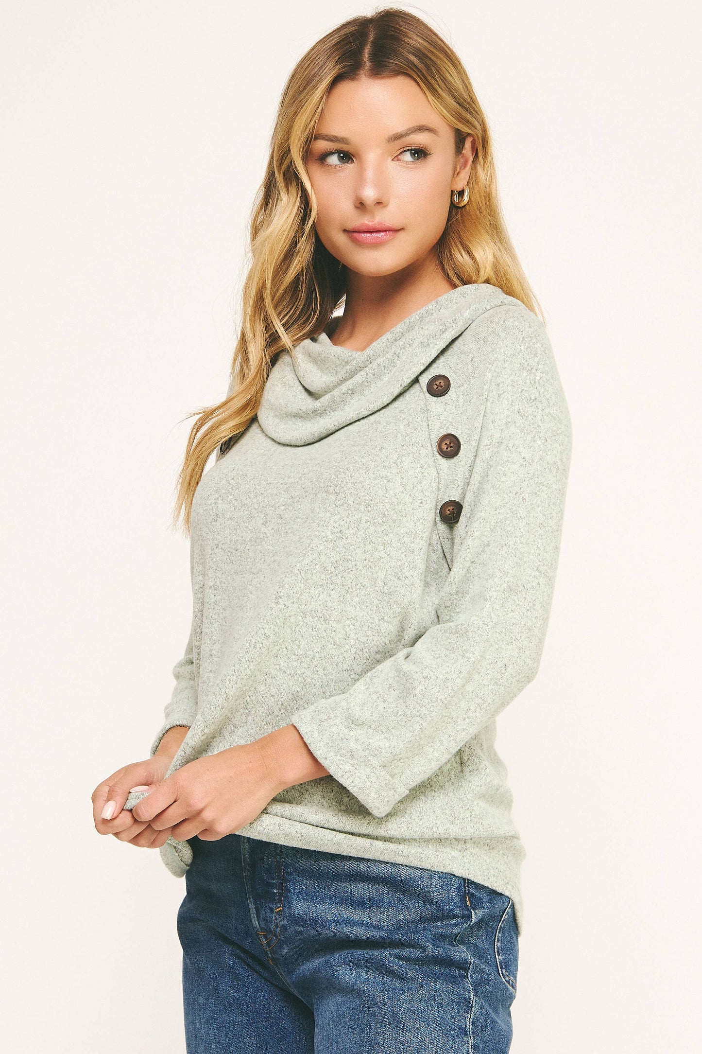 COWL NECK SWEATER WITH BUTTON ACCENTS