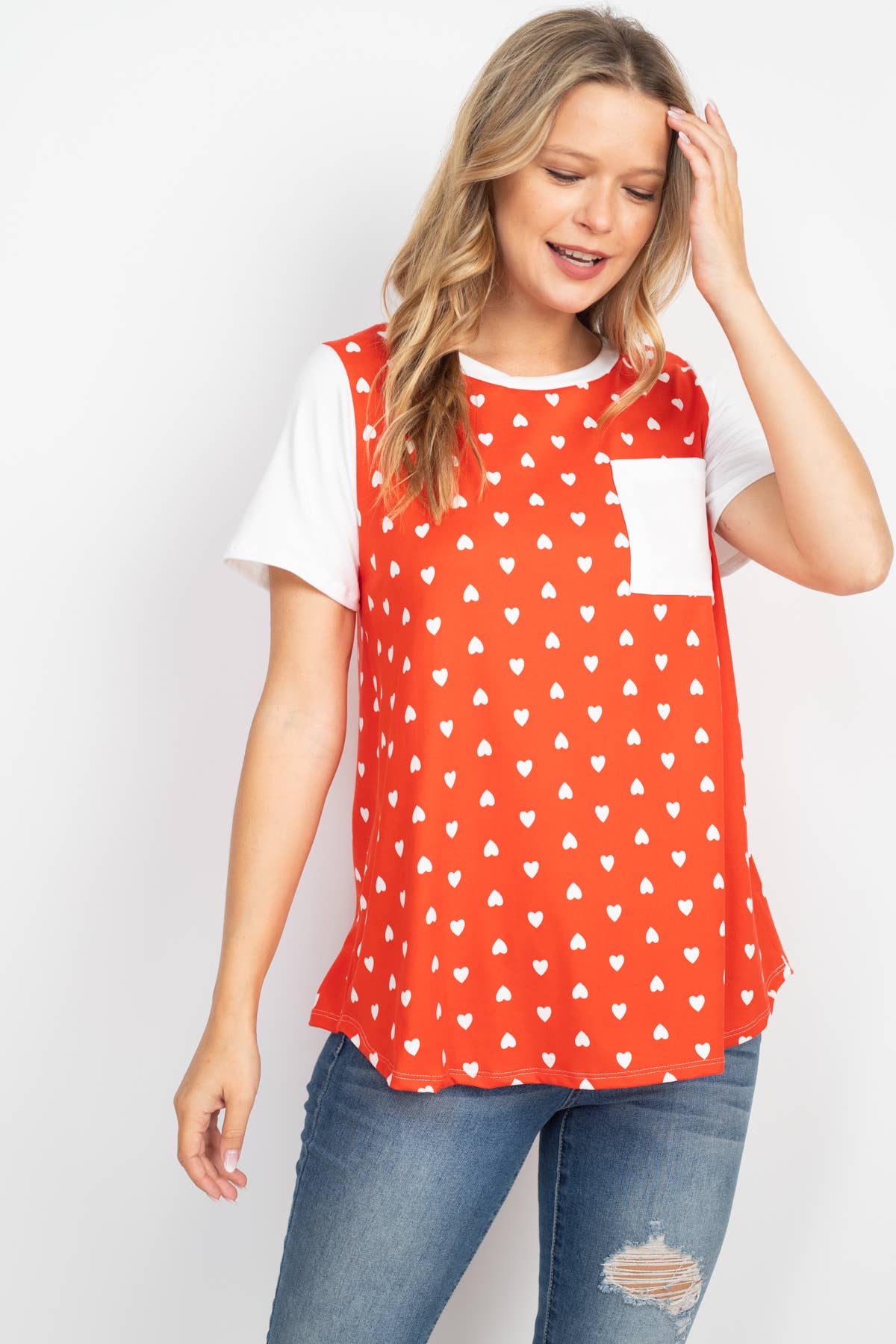 HEART PRINT RAGLAN POCKET TOP