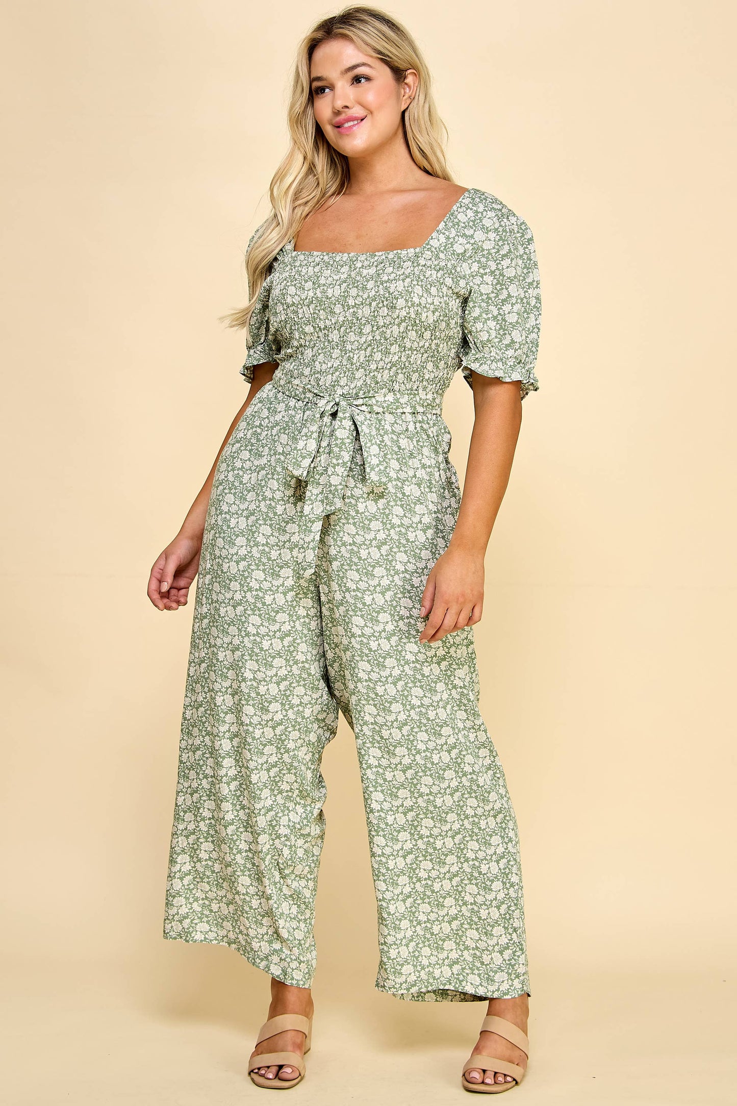 PLUS SIZE SMOCKED TOP PEGGED LEG GAUCHO JUMPSUIT