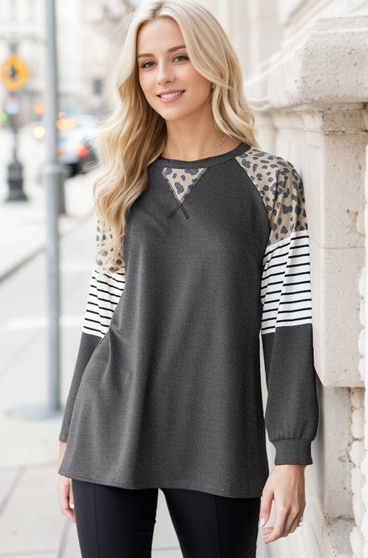 SOLID, STRIPED AND ANIMAL PRINT CONTRAST TOP