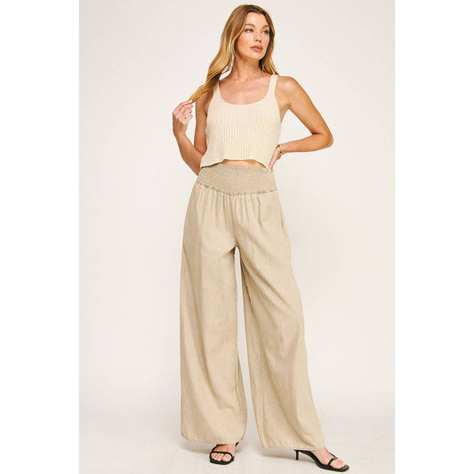 RELAXED SMOCKED WAIST WIDE LEG COTTON PANTS