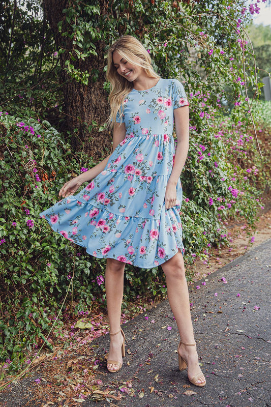 FLORAL SHORT SLEEVE A-LINE TIERED DRESS