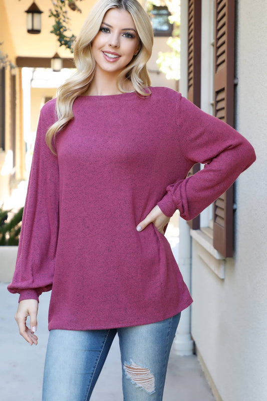 BOAT NECKLINE PUFF SLEEVE HACCI BRUSHED TOP