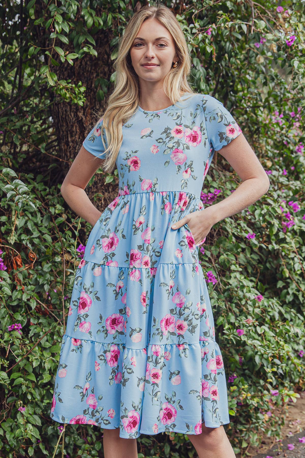 FLORAL SHORT SLEEVE A-LINE TIERED DRESS FLORAL SHORT SLEEVE A-LINE TIERED DRESS