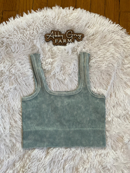 Washed Ribbed Square Neck Cropped Tank Top