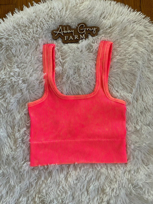 CORAL WASHED RIBBED SQUARE NECK CROPPED TANK TOP