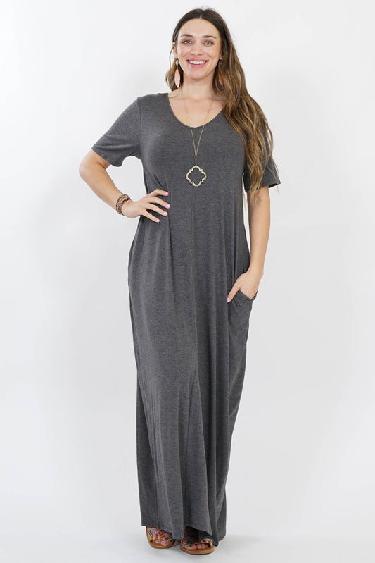 Plus V-neck Short Sleeve Maxi Dress With Side Pockets