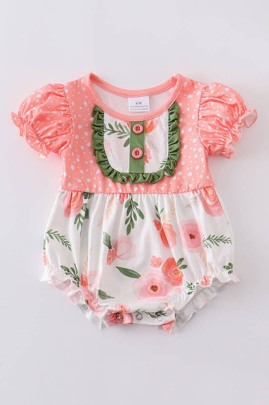 Coral floral puff sleeve button baby romper