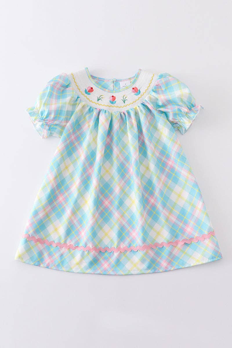 Blue plaid floral smocked dress