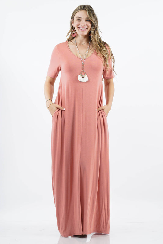 Plus V-neck Short Sleeve Maxi Dress With Side Pockets
