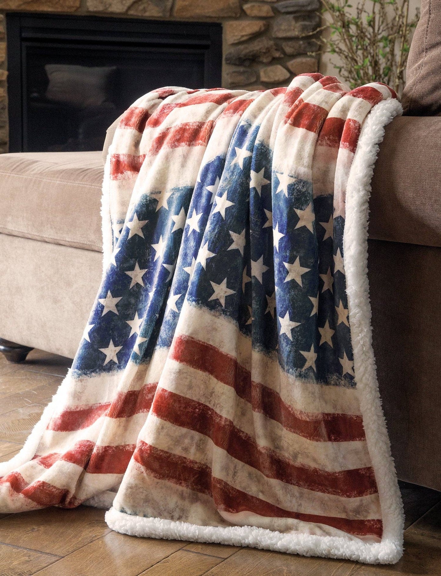 Wrangler Stars & Stripes USA American Flag Plush Fur Sherpa Borrego Fleece Throw Blanket