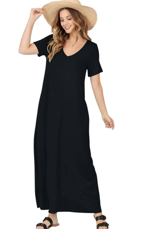 Short Sleeve V Neck Maxi Dress W Pockets