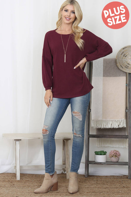 PLUS SIZE PUFF SLEEVE BOATNECK WAFFLE TUNIC