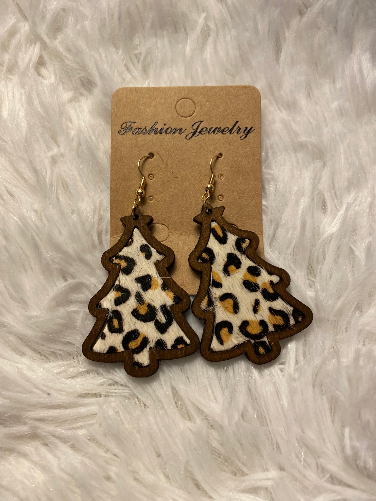 Cowhide and Cheetah Wood Dangle Christmas Tree Earrings