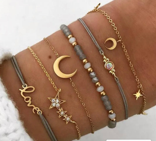 Gold Alloy Love Moon Bracelet Set