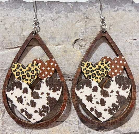 3 hearts Wooden Earrings