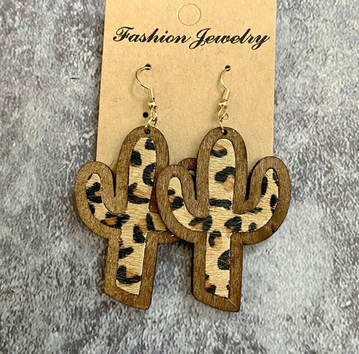 Cowhide and Cheetah Wood Dangle Cactus Earrings