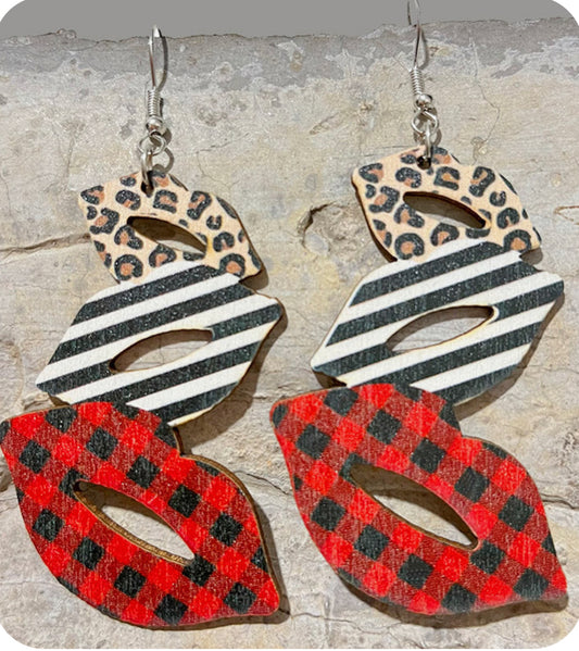 3 Lips Wooden Earrings