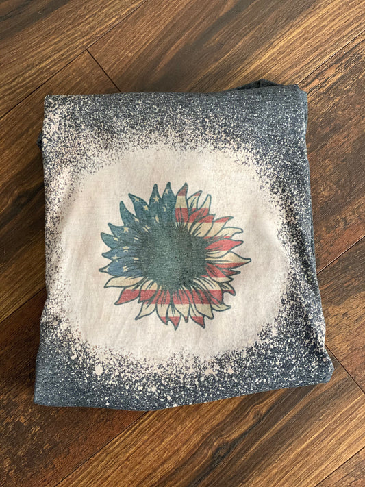 Bleached Tee- American Flag Sunflower