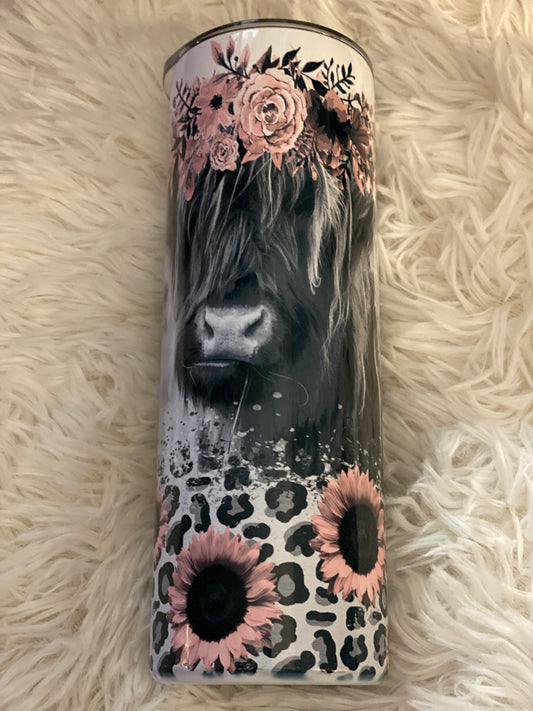 20oz. Cow with pink flowers Tumbler