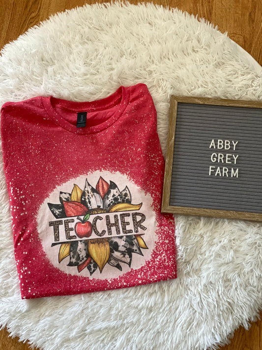Bleached Tee- Teacher Cow Print Sunflower Design